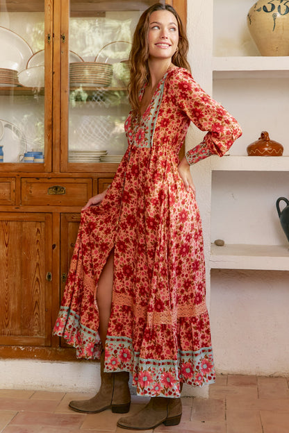 JAASE - Arlo Maxi Dress: V-Neck Pull Tie Waist Maxi With Pockets in Lillianna Print