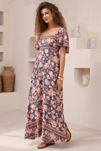 Ashby Maxi Dress - On or Off Shoulder A-Line Dress with Pockets in Leandra Print