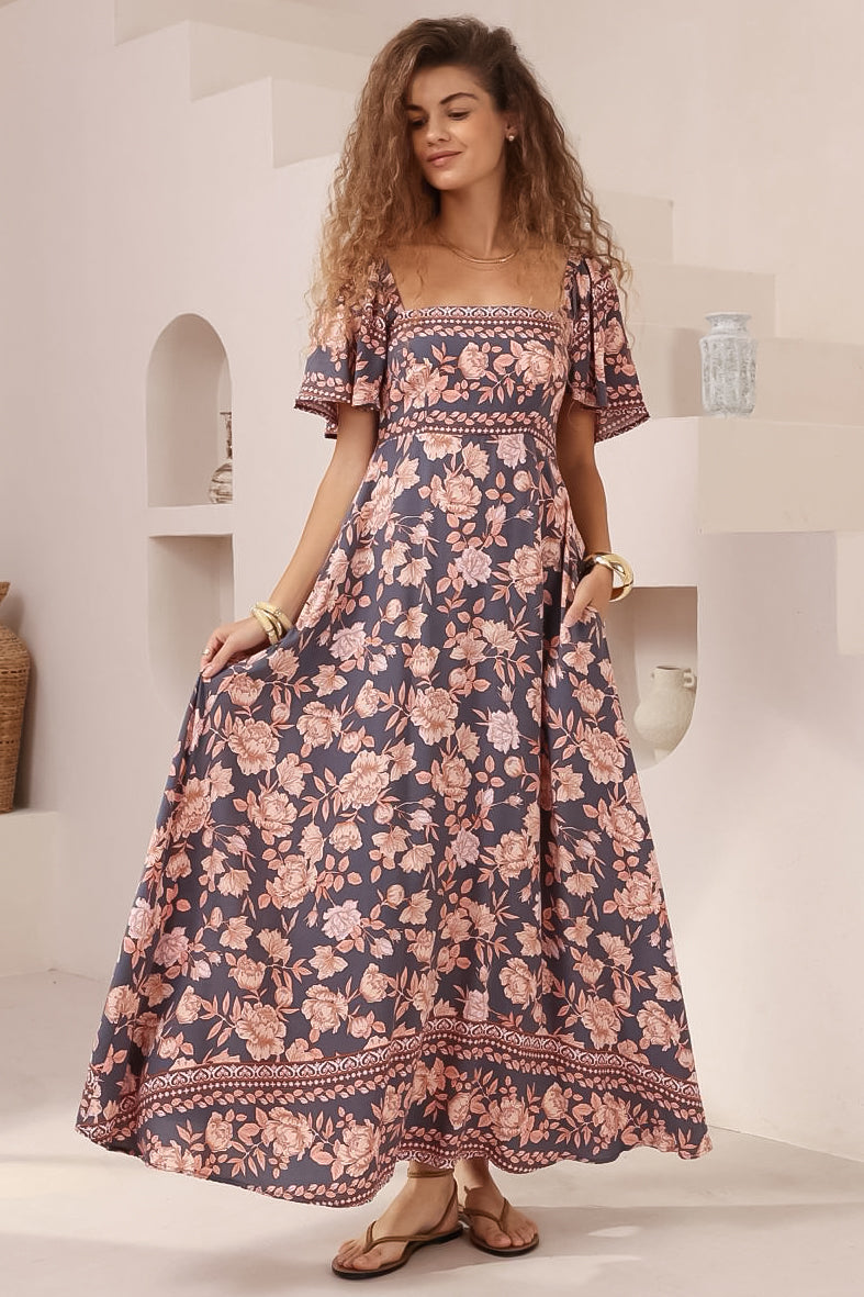 Ashby Maxi Dress - On or Off Shoulder A-Line Dress with Pockets in Leandra Print