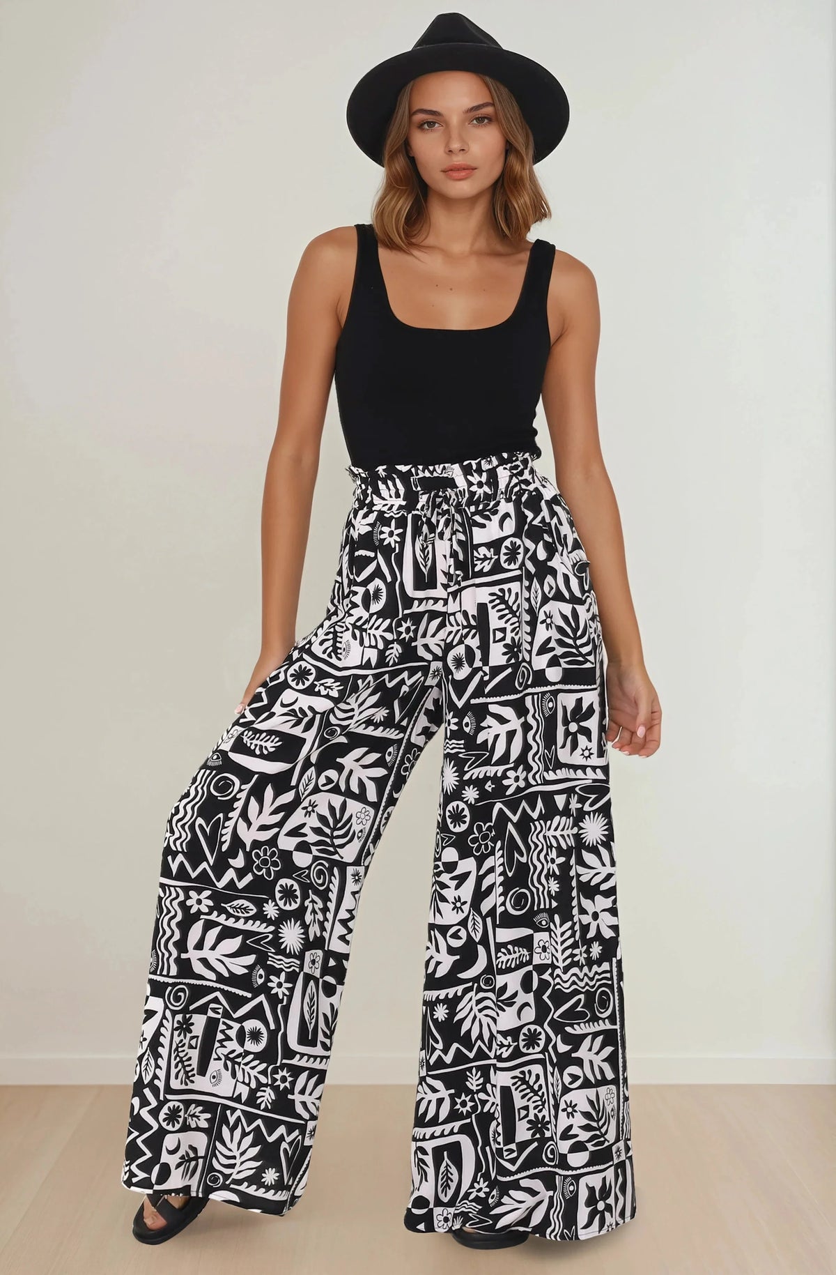 Ashora Pants - Paper Bag High Waisted Wide Leg Pants with Black & White Graphic Print