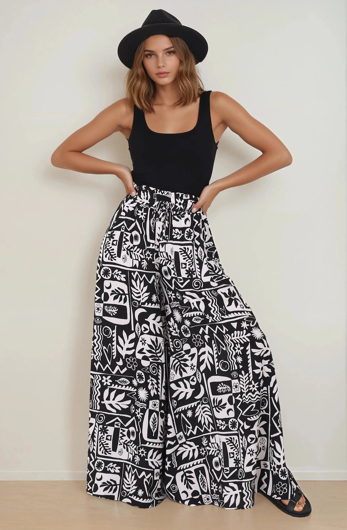 Ashora Pants - Paper Bag High Waisted Wide Leg Pants with Black & White Graphic Print