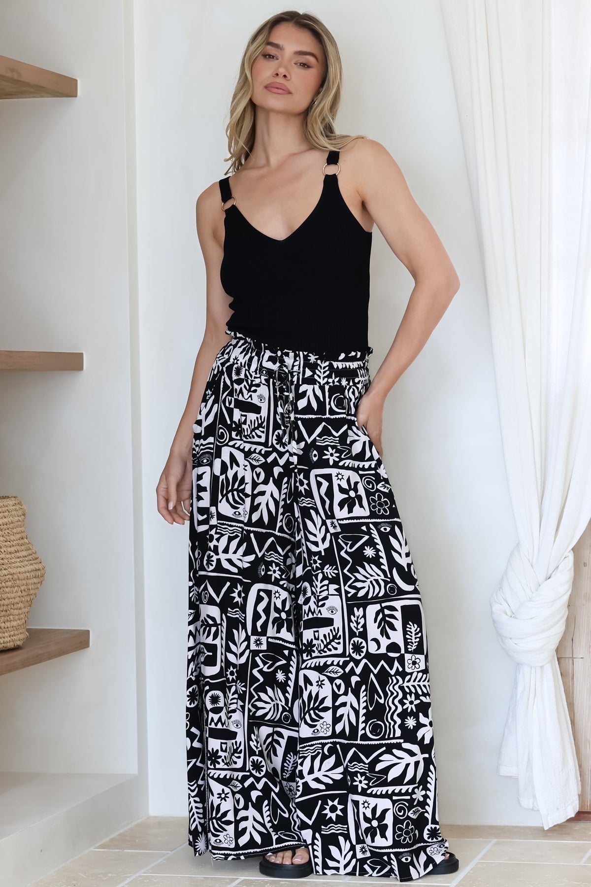 Ashora Pants - Paper Bag High Waisted Wide Leg Pants with Black & White Graphic Print