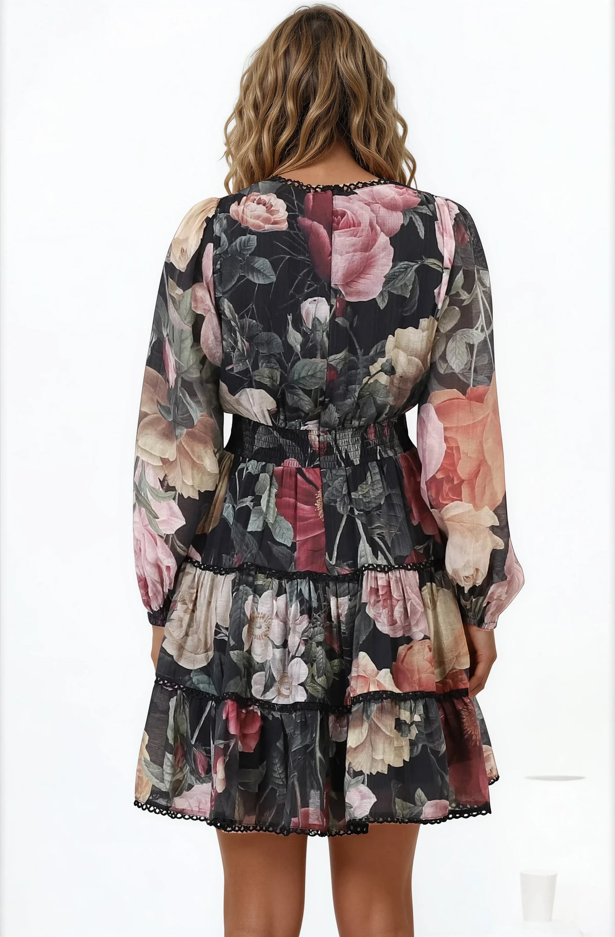 Audrey Mini Dress - Delicately Detailed Tiered A-Line Dress in Bortie Print Black