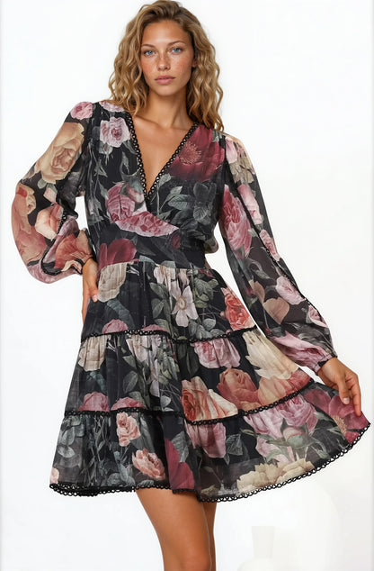 Audrey Mini Dress - Delicately Detailed Tiered A-Line Dress in Bortie Print Black