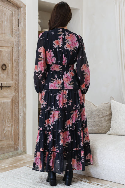 Audrey Maxi Dress - Delicately Detailed Tiered A-Line Dress in Odessa Print