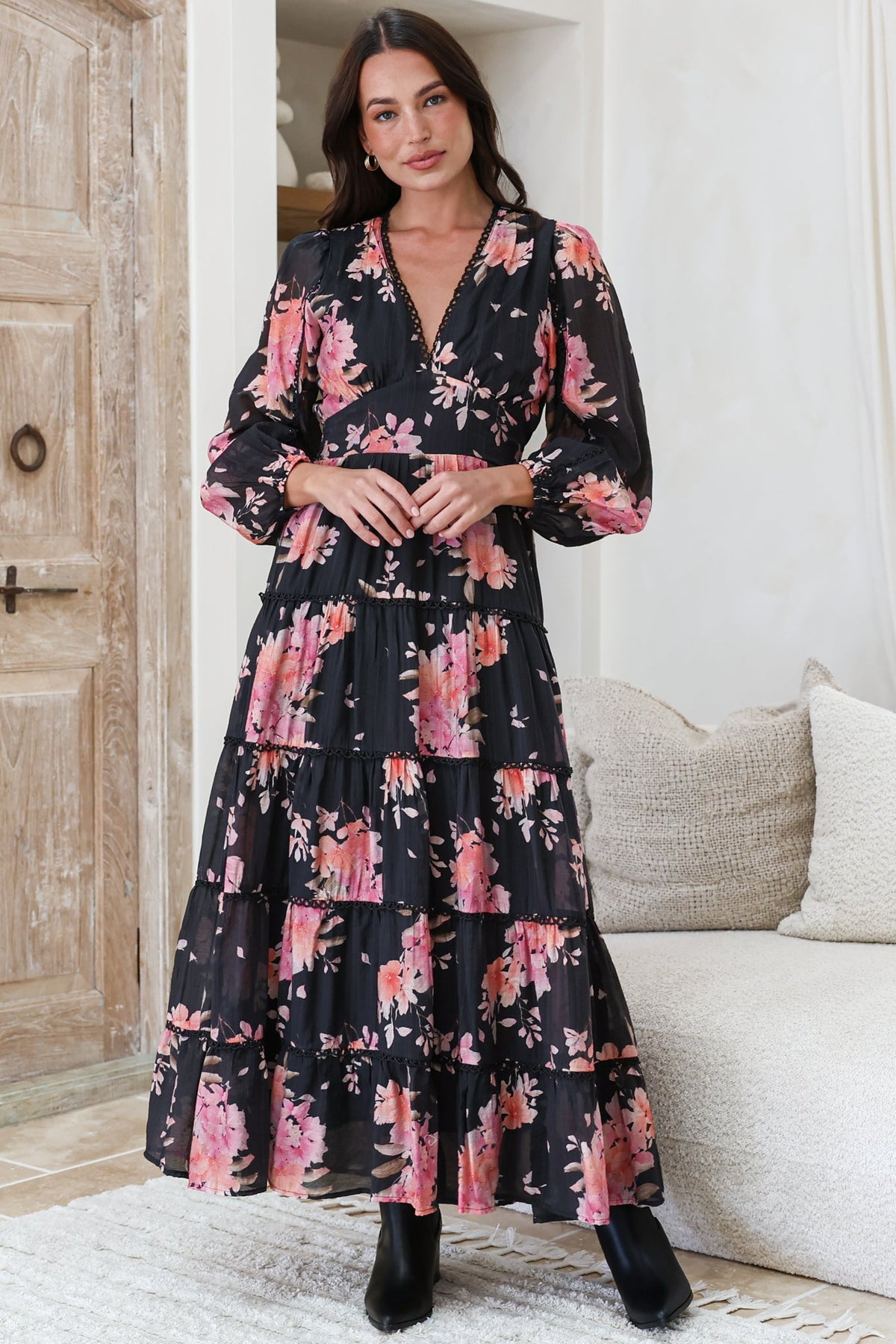 Audrey Maxi Dress - Delicately Detailed Tiered A-Line Dress in Odessa Print