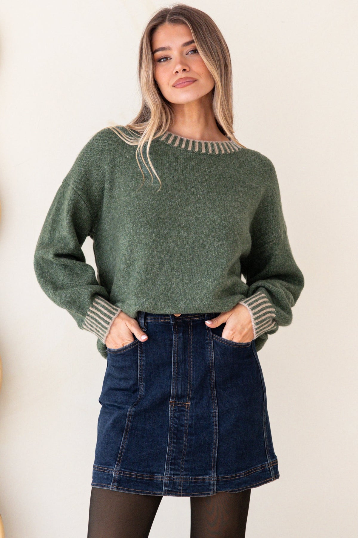 Aura Jumper - Crew Neck Jumper with Contrast Stripe Trim in Dark Green