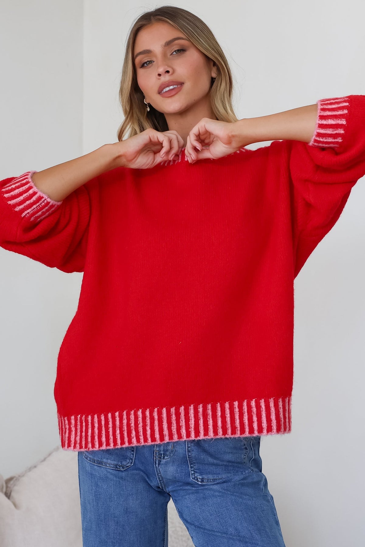 Aura Jumper - Crew Neck Jumper with Contrast Stripe Trim in Red