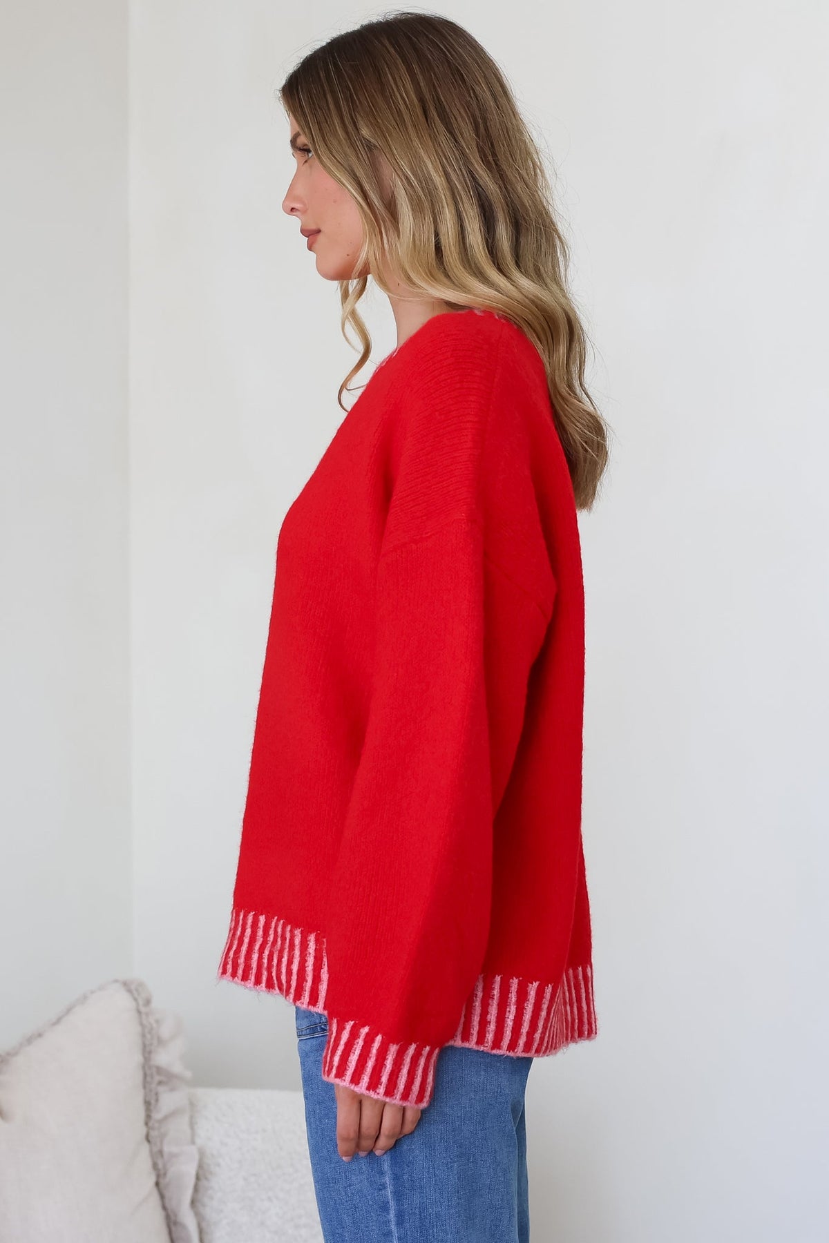 Aura Jumper - Crew Neck Jumper with Contrast Stripe Trim in Red