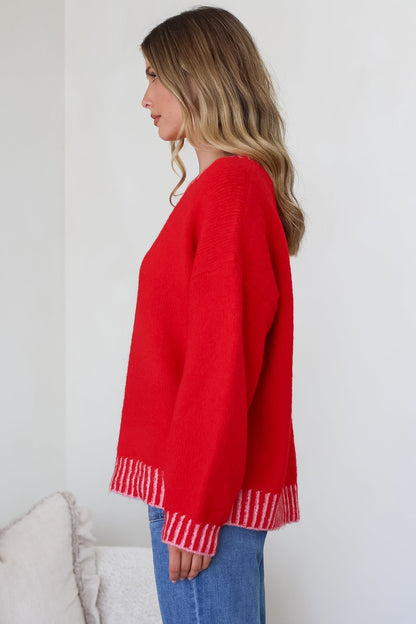 Aura Jumper - Crew Neck Jumper with Contrast Stripe Trim in Red