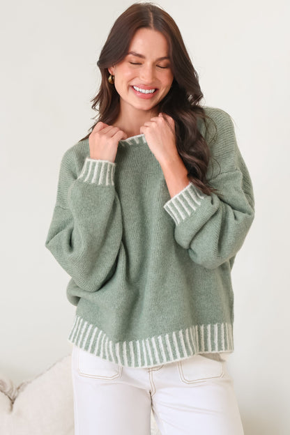 Aura Jumper - Crew Neck Jumper with Contrast Stripe Trim in Green