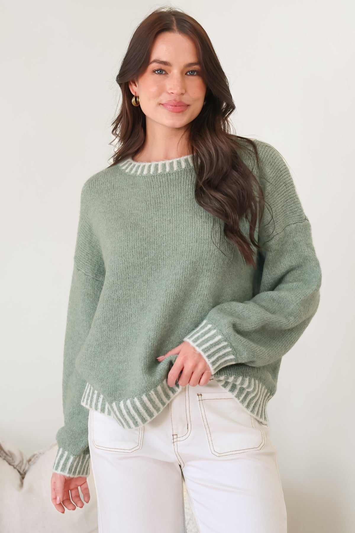 Aura Jumper - Crew Neck Jumper with Contrast Stripe Trim in Green