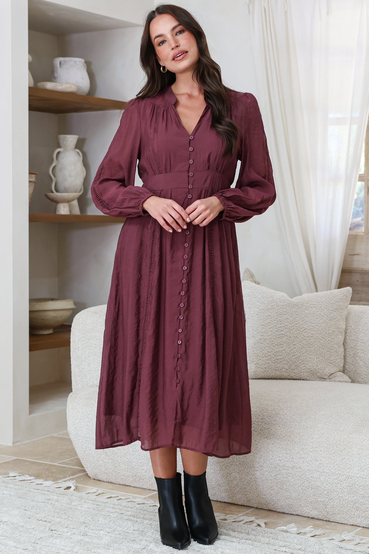 Aylon Midi Dress - Delicately Detailed Mandarin Collar Dress with Long Sleeves in Merlot