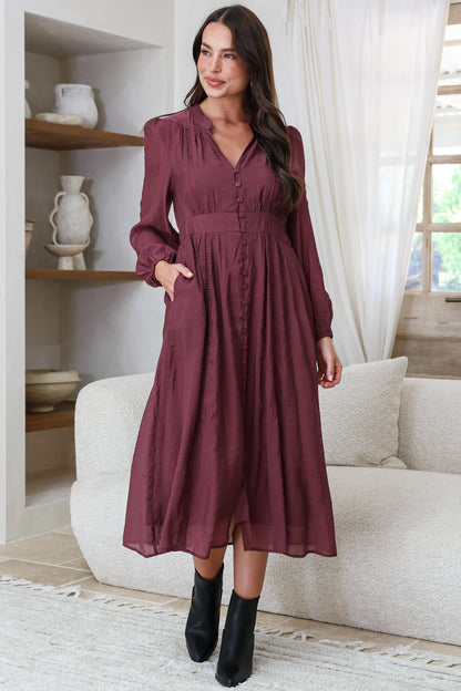 Aylon Midi Dress - Delicately Detailed Mandarin Collar Dress with Long Sleeves in Merlot