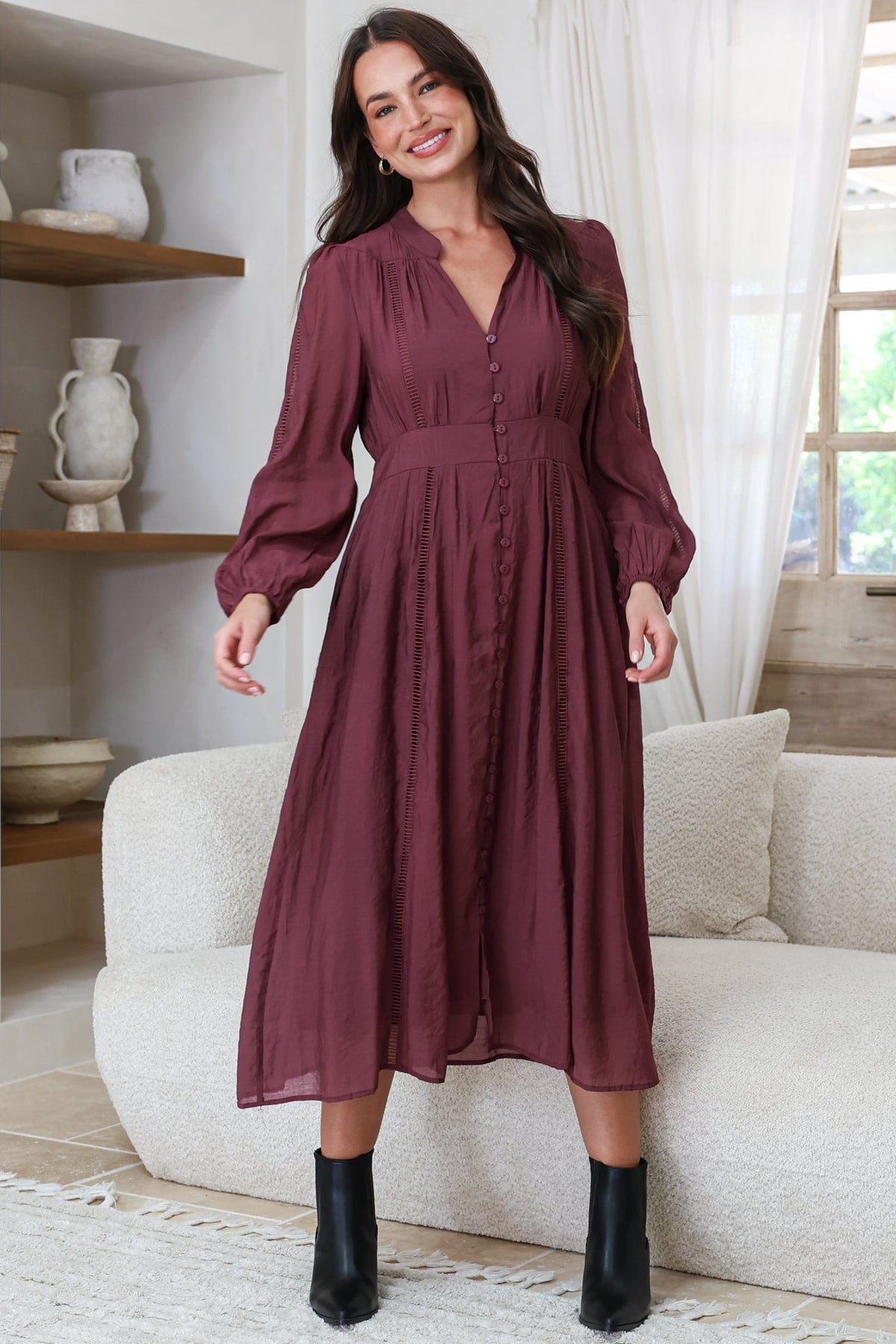 Aylon Midi Dress - Delicately Detailed Mandarin Collar Dress with Long Sleeves in Merlot