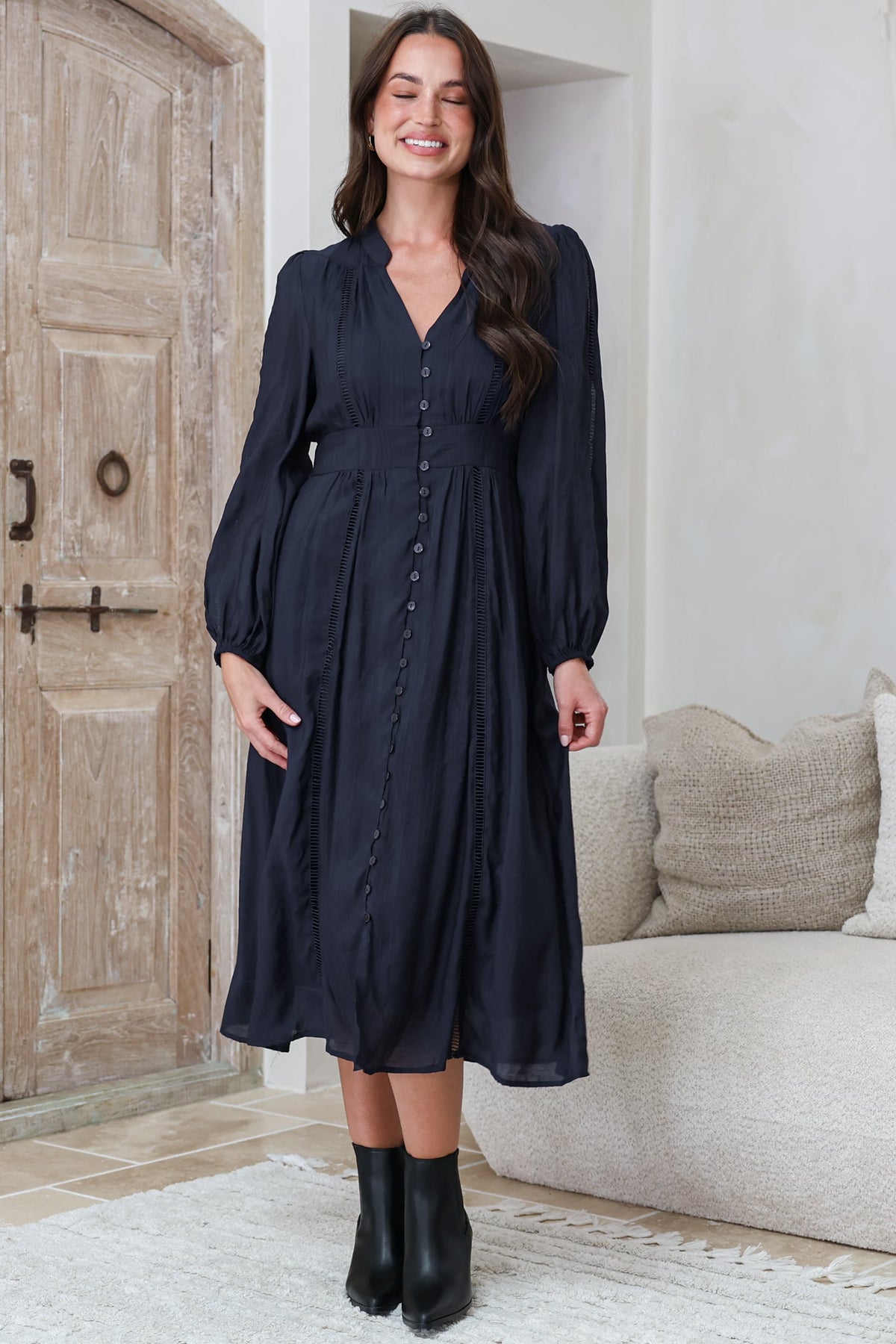 Aylon Midi Dress - Delicately Detailed Mandarin Collar Dress with Long Sleeves in Navy