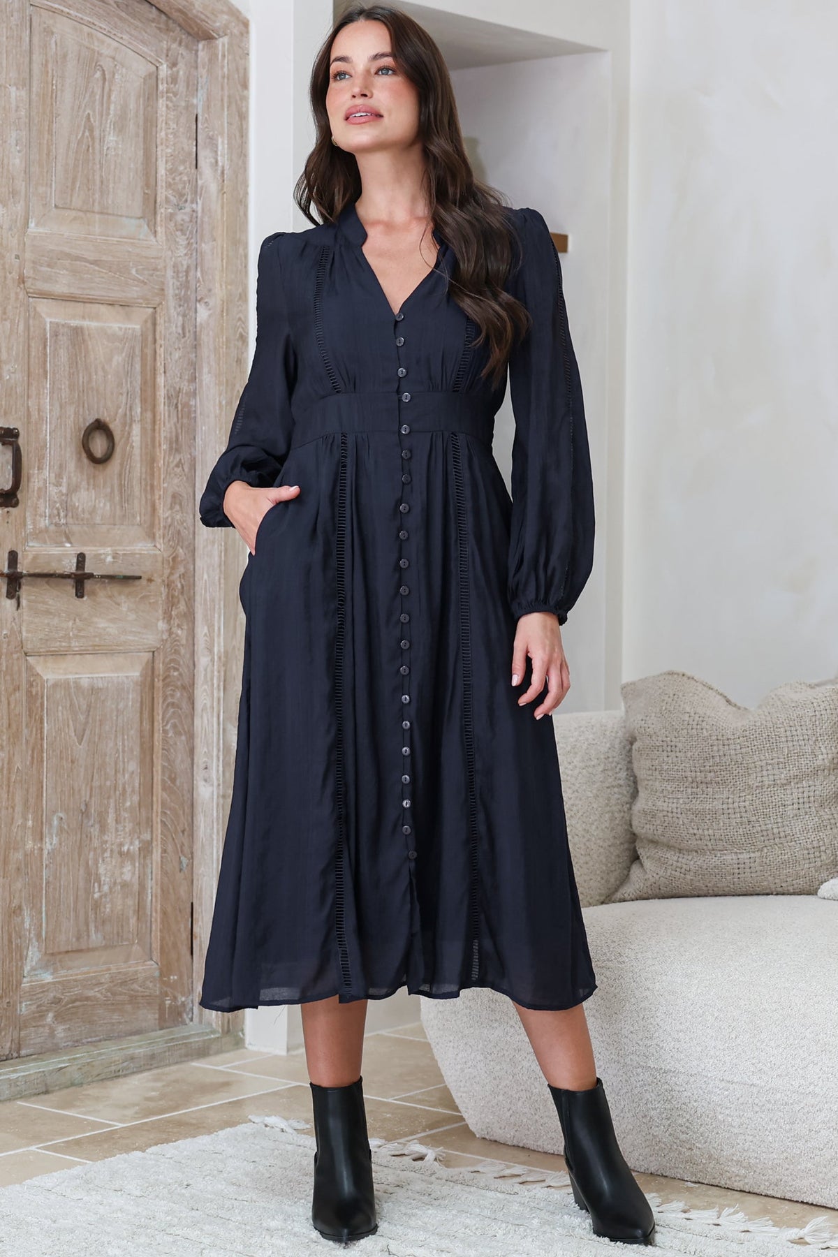 Aylon Midi Dress - Delicately Detailed Mandarin Collar Dress with Long Sleeves in Navy