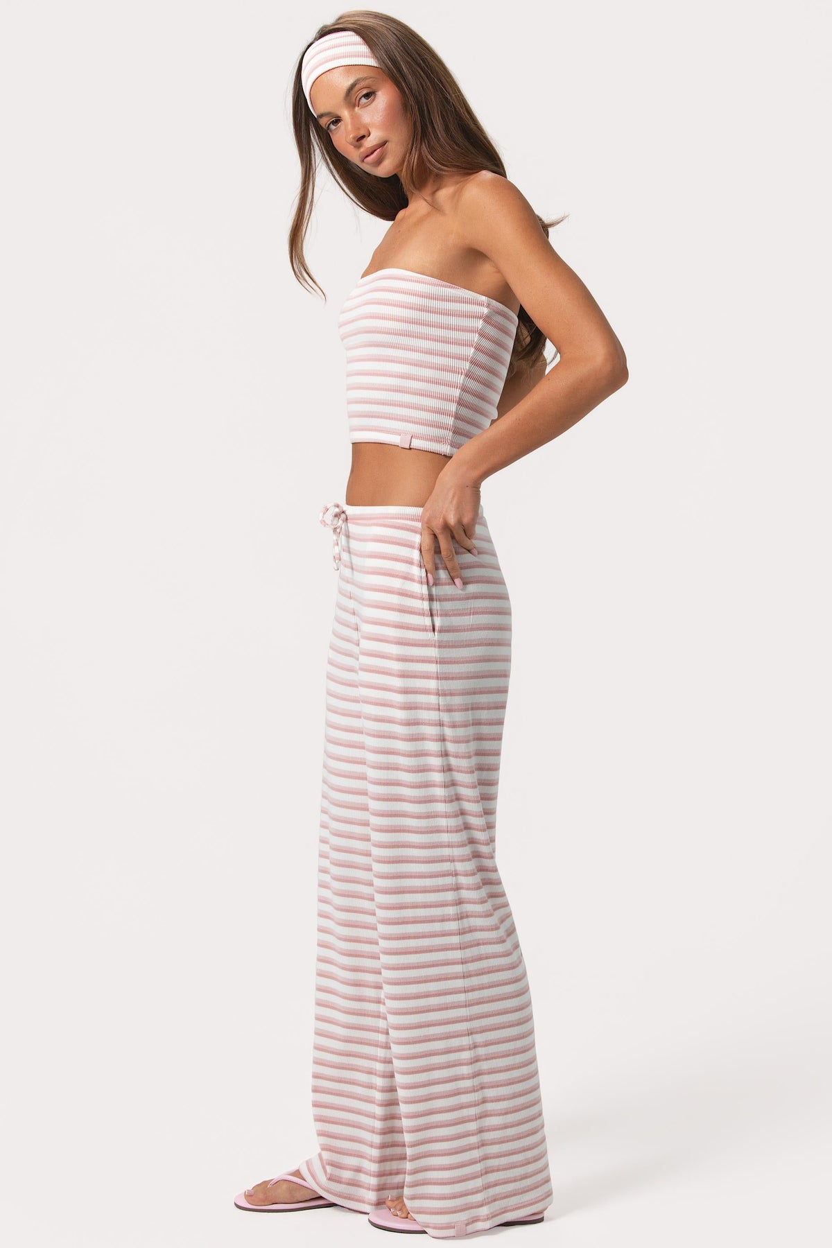 Ribbed Jersey Low-Rise Trousers in Pink Stripe