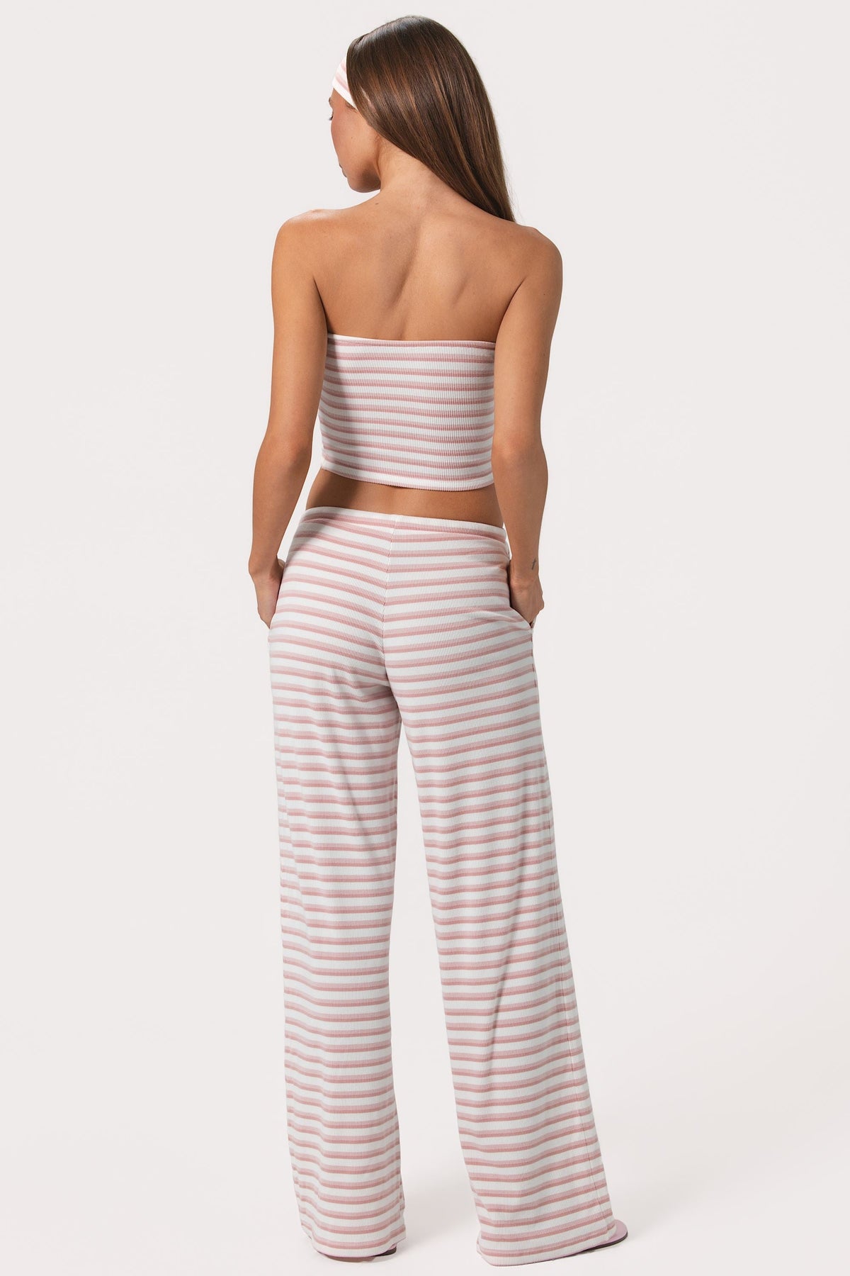 Ribbed Jersey Low-Rise Trousers in Pink Stripe