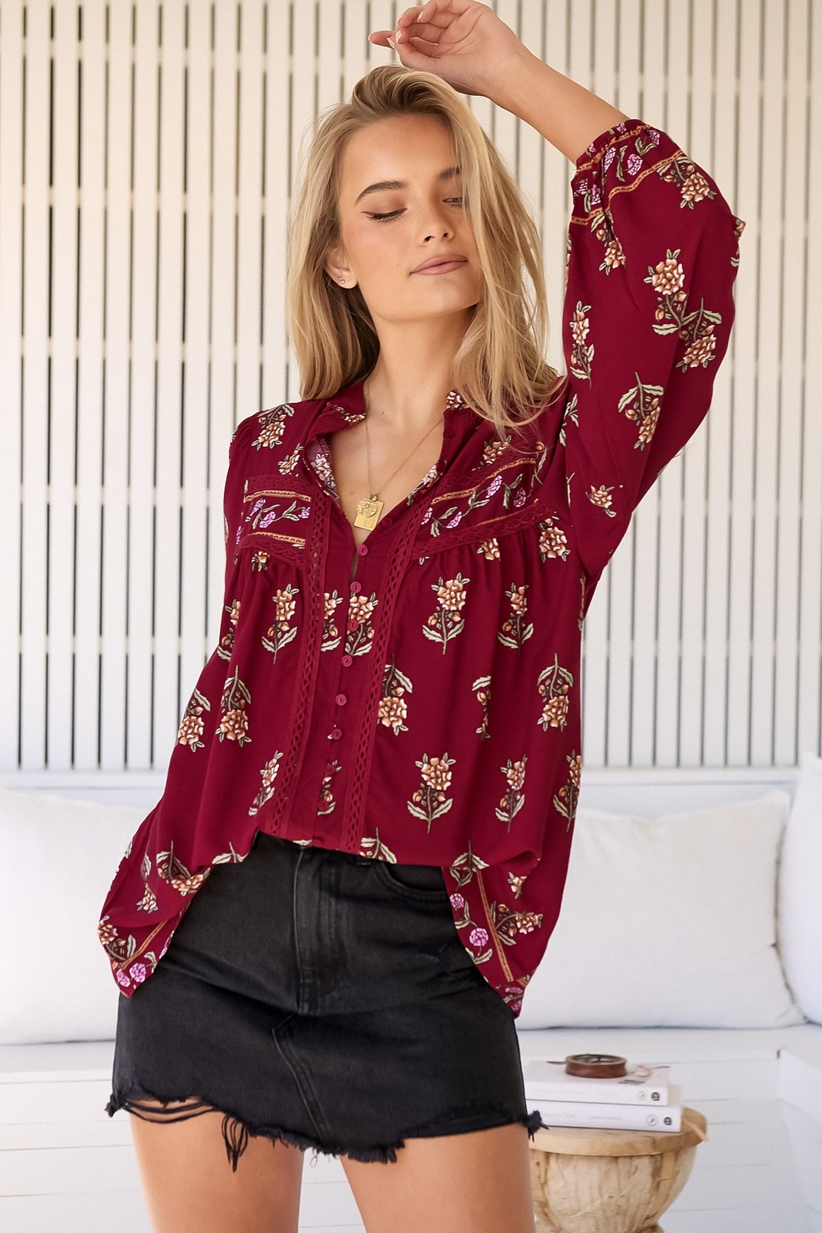 JAASE - Bee Blouse: Lace Decal Button Down Long Sleeve Blouse in Grenache Print