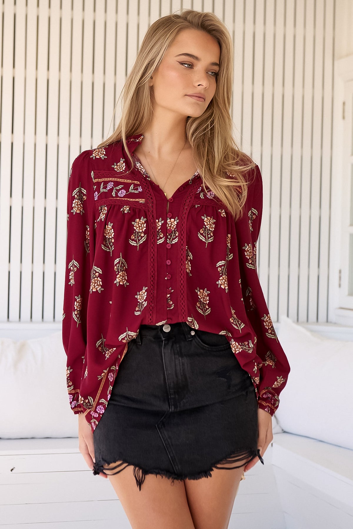 JAASE - Bee Blouse: Lace Decal Button Down Long Sleeve Blouse in Grenache Print