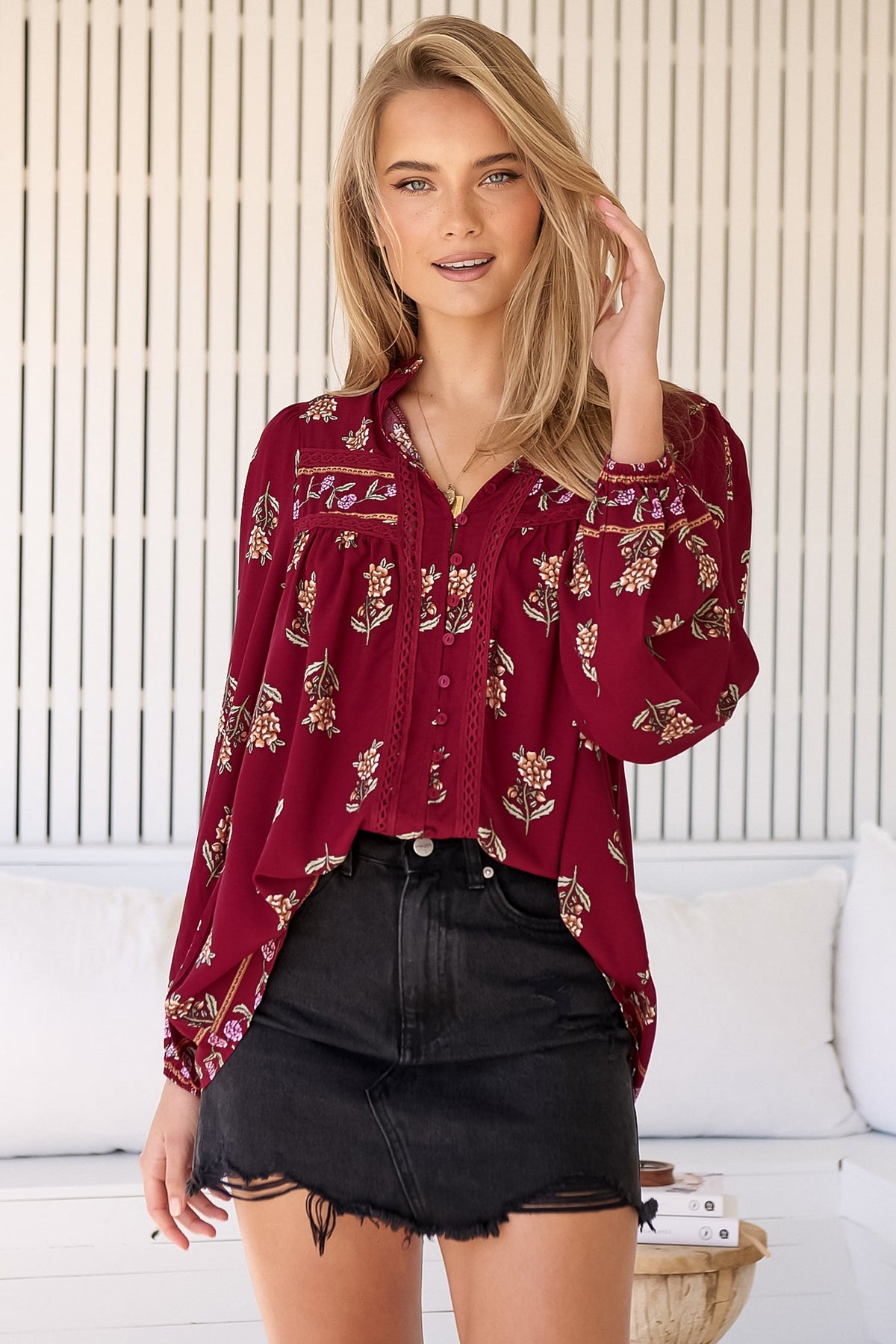JAASE - Bee Blouse: Lace Decal Button Down Long Sleeve Blouse in Grenache Print