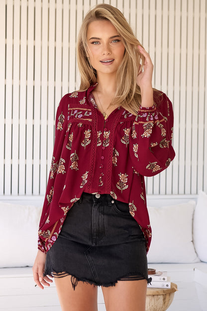 JAASE - Bee Blouse: Lace Decal Button Down Long Sleeve Blouse in Grenache Print