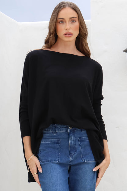 Belinda Knit Top - Boat Neckline Boxy Batwing Top in Black