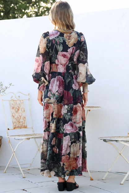 Bennett Maxi Dress - Split Crew Neck A-Line Tiered Dress with Pleat Details in Annalisa Print