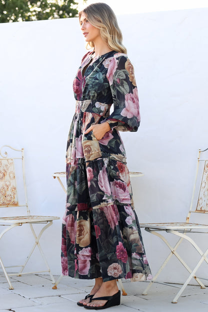 Bennett Maxi Dress - Split Crew Neck A-Line Tiered Dress with Pleat Details in Annalisa Print
