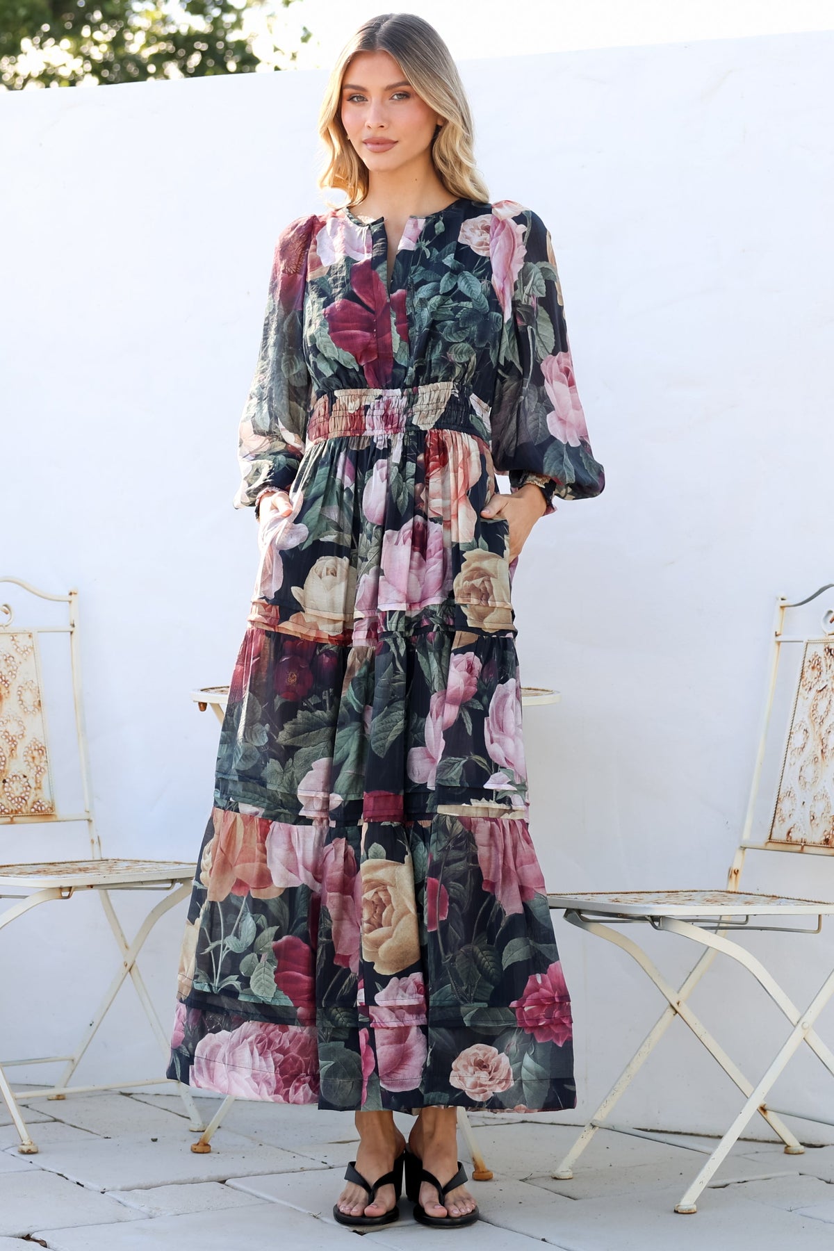 Bennett Maxi Dress - Split Crew Neck A-Line Tiered Dress with Pleat Details in Annalisa Print