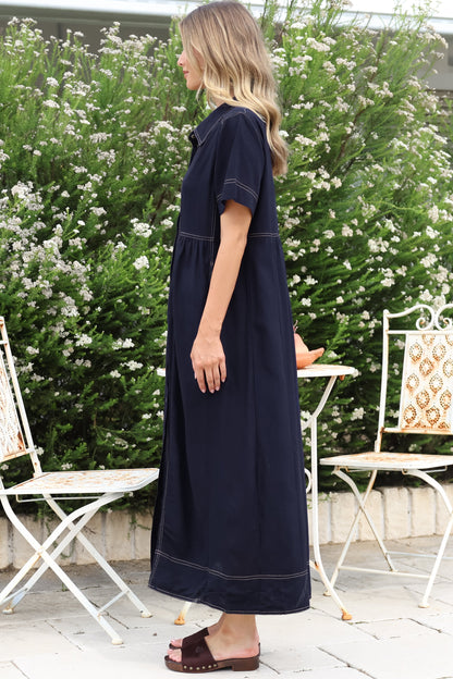 Bento Midi Dress - Wing Collar Button Down Shirt Dress with Contrast Stitching in Indigo
