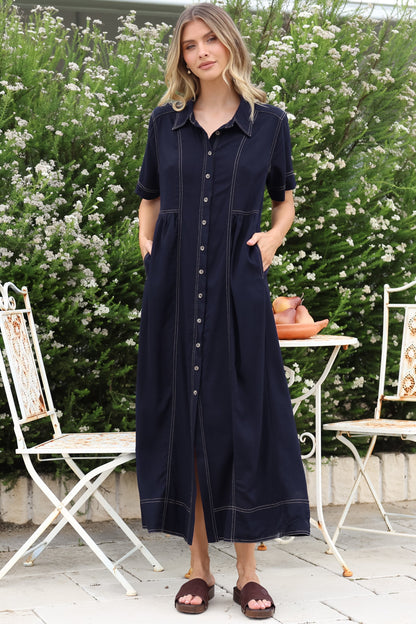 Bento Midi Dress - Wing Collar Button Down Shirt Dress with Contrast Stitching in Indigo
