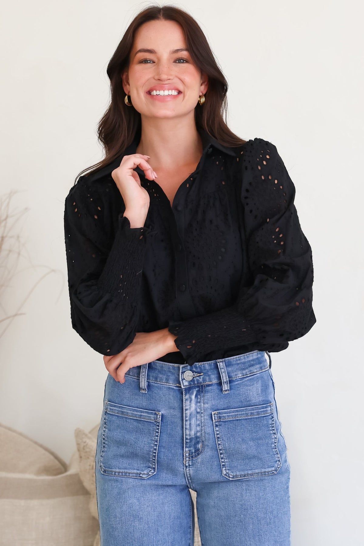 Benton Blouse - Hollow Out Embroidered Button Down Shirt in Black