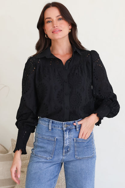 Benton Blouse - Hollow Out Embroidered Button Down Shirt in Black