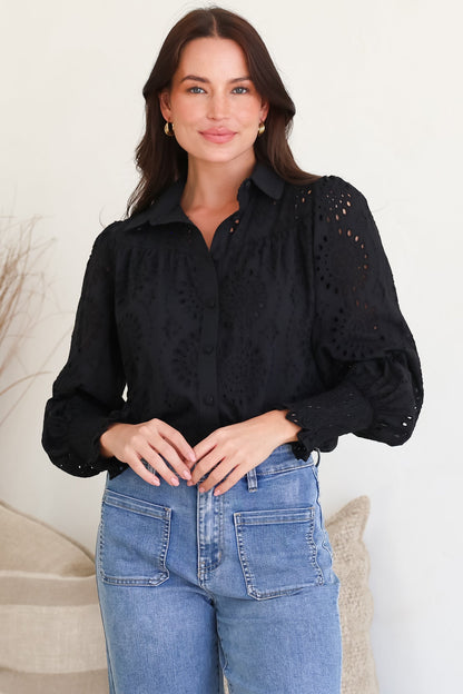 Benton Blouse - Hollow Out Embroidered Button Down Shirt in Black