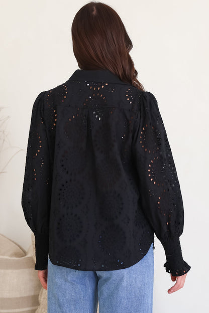 Benton Blouse - Hollow Out Embroidered Button Down Shirt in Black