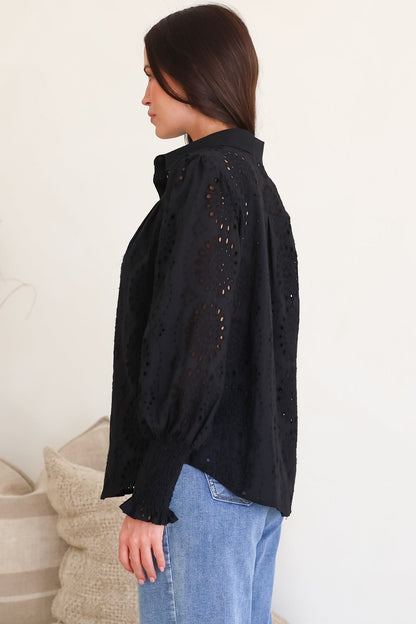 Benton Blouse - Hollow Out Embroidered Button Down Shirt in Black