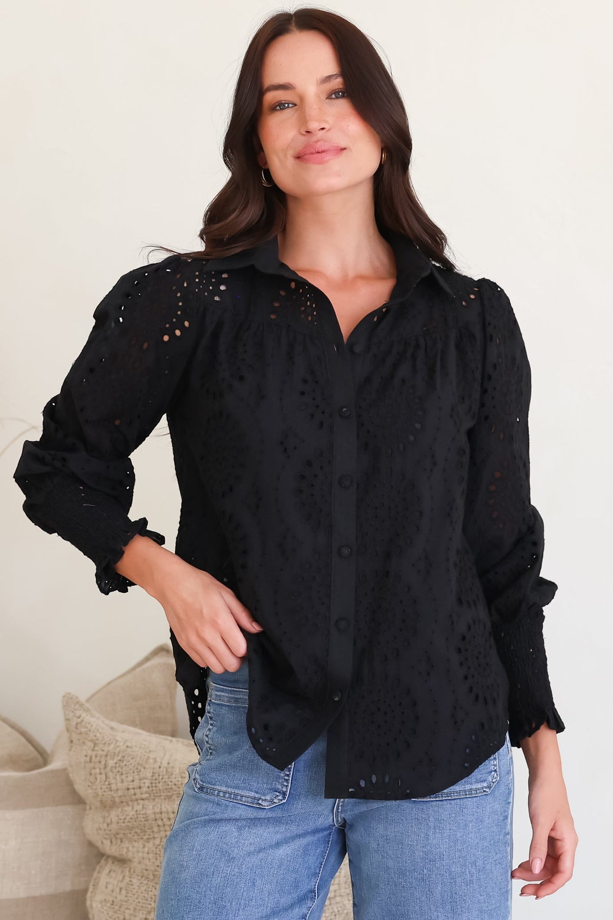 Benton Blouse - Hollow Out Embroidered Button Down Shirt in Black