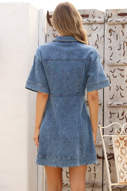 Bigsby Denim Mini Dress - Collared Button Down Short Sleeve Dress in Mid Wash Denim