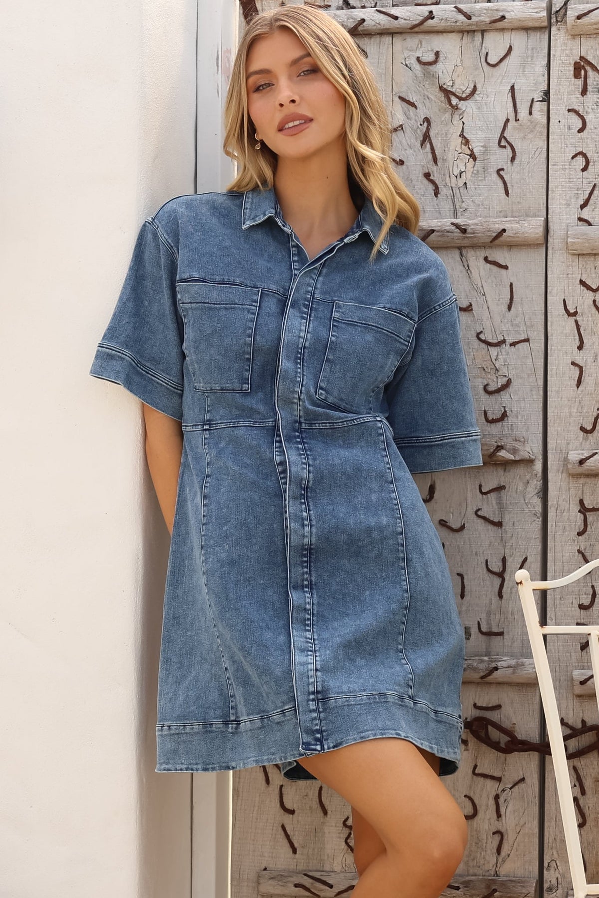 Bigsby Denim Mini Dress - Collared Button Down Short Sleeve Dress in Mid Wash Denim