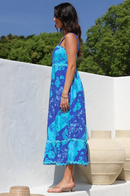Bionda Midi Dress - Ric Rac Spliced Sun Dress with Adjustable Straps in Clavelle Print Blue