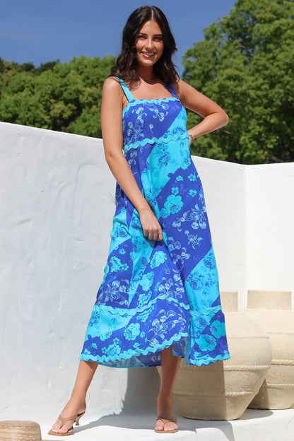 Bionda Midi Dress - Ric Rac Spliced Sun Dress with Adjustable Straps in Clavelle Print Blue