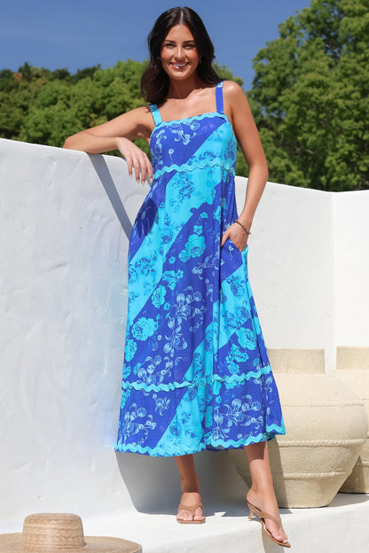 Bionda Midi Dress - Ric Rac Spliced Sun Dress with Adjustable Straps in Clavelle Print Blue