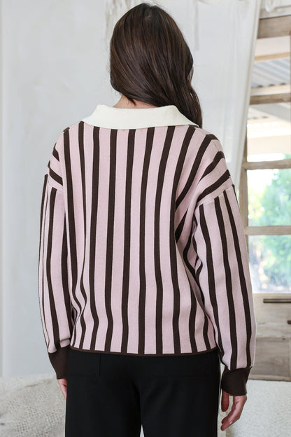 Bishop Jumper - Wing Collar Heart Button Detail Stripe Jersey Knit in Pink/Chocolate