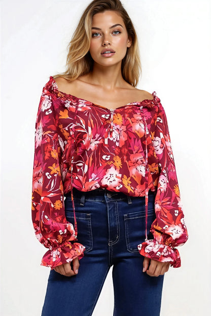 Briar Blouse - Frill Collar Pull Over Top with Long Balloon Sleeves in Monroe Print