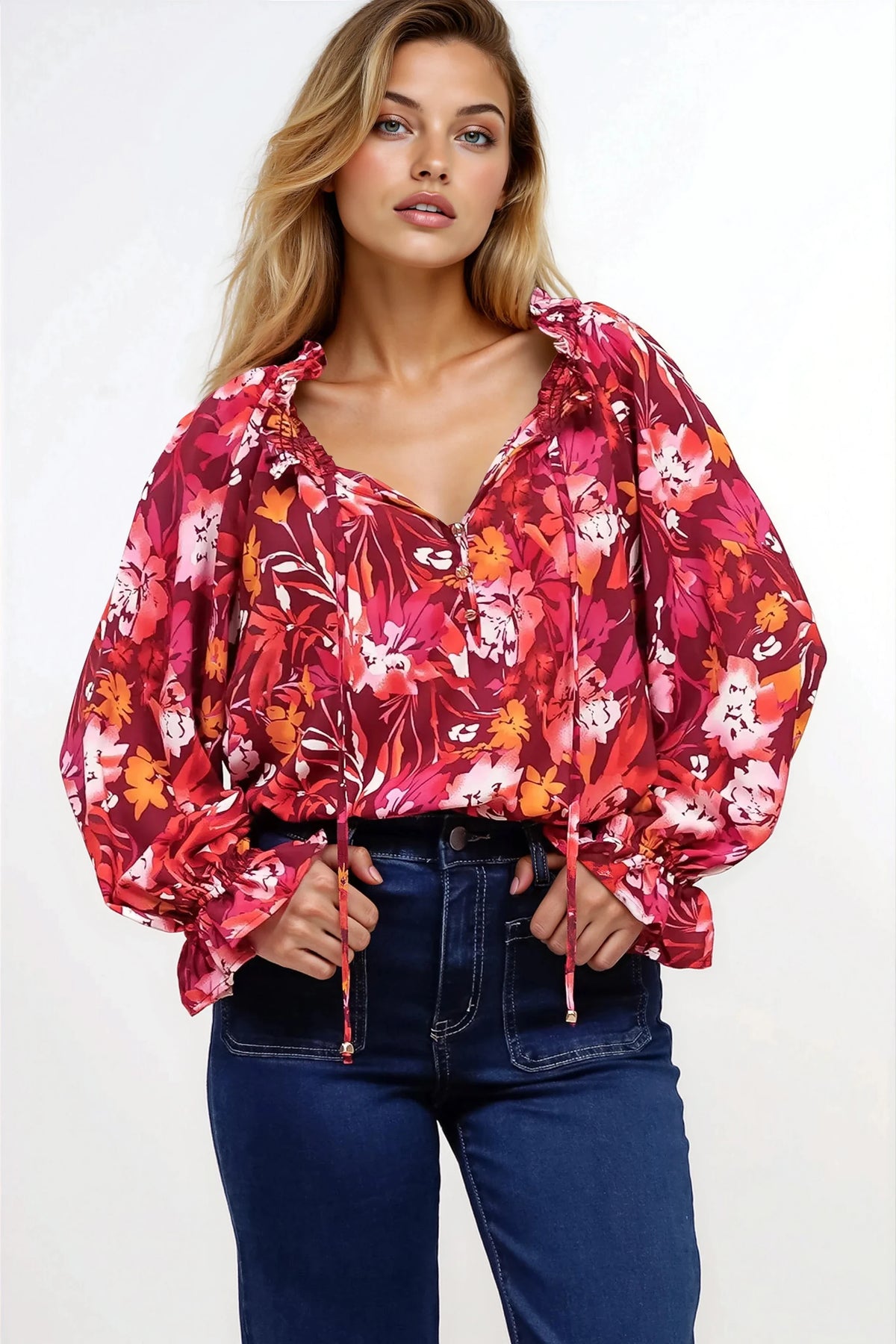 Briar Blouse - Frill Collar Pull Over Top with Long Balloon Sleeves in Monroe Print