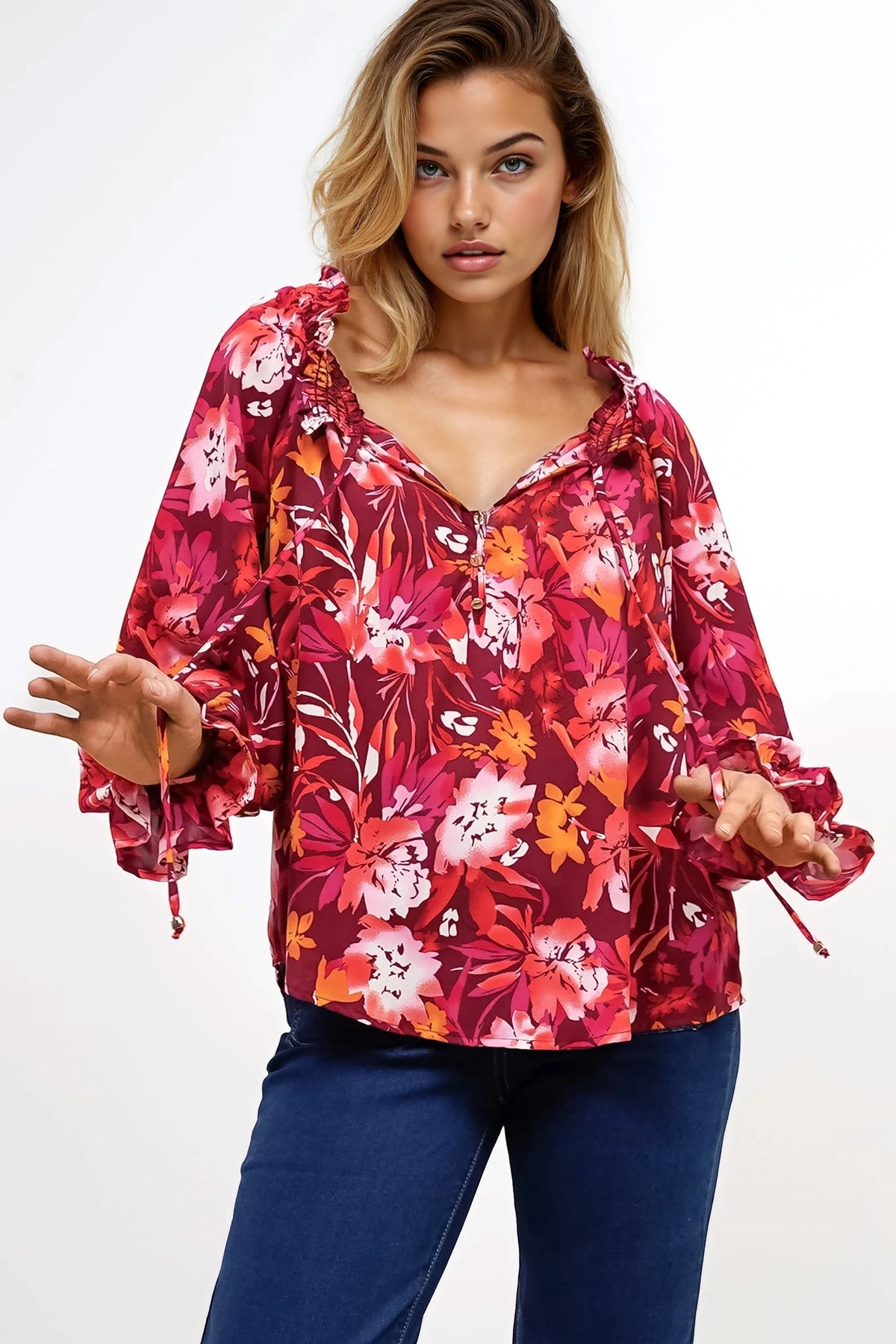 Briar Blouse - Frill Collar Pull Over Top with Long Balloon Sleeves in Monroe Print