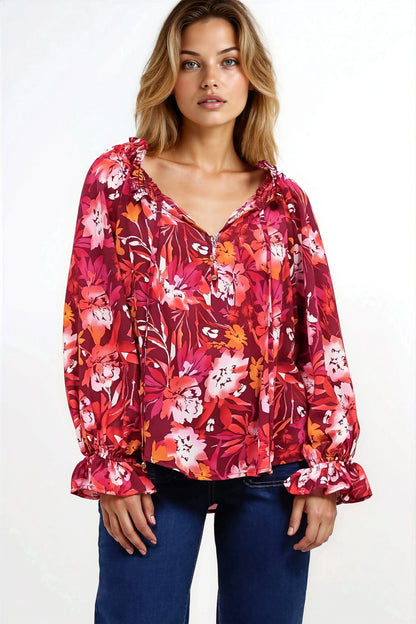 Briar Blouse - Frill Collar Pull Over Top with Long Balloon Sleeves in Monroe Print
