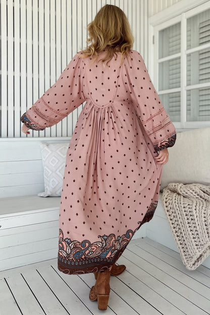 JAASE - Boheme Midi Dress: Long Sleeve Piping Defined Bust Slimline Smock Dress in Seraphina Print